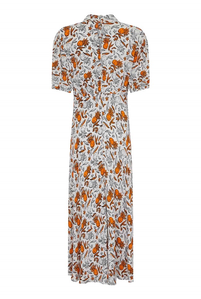 Crepe Midi Dress with Short Sleeves in Orange Print | Ghost London