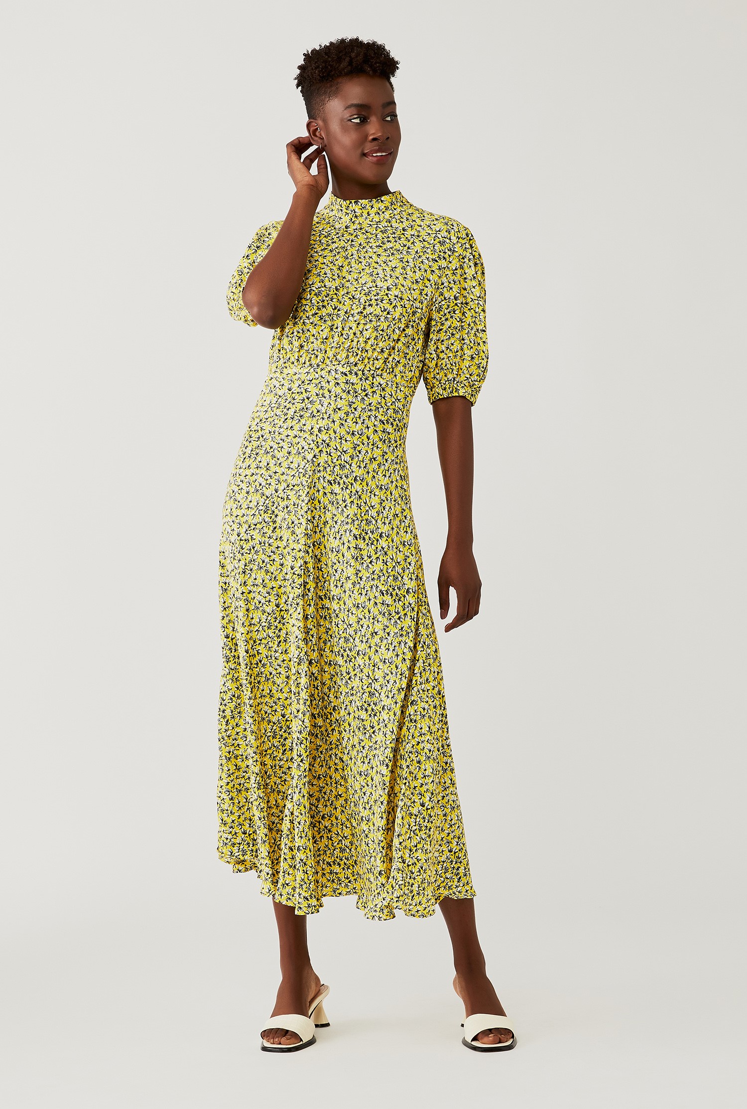 Crepe Midi Dress with Short Sleeves in Yellow Print | Ghost London