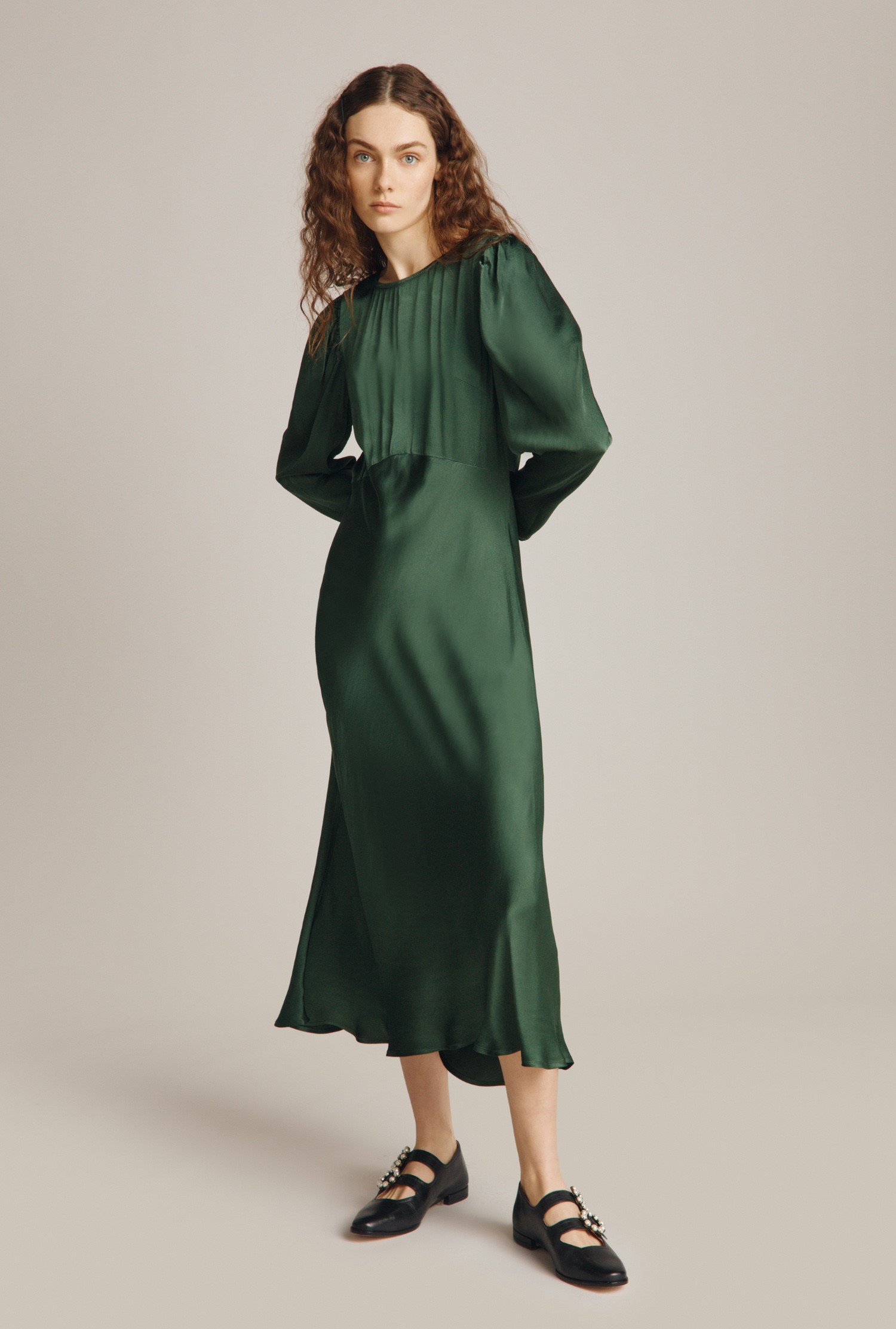 Rosaleen Dark Green Satin Dress | Ghost London