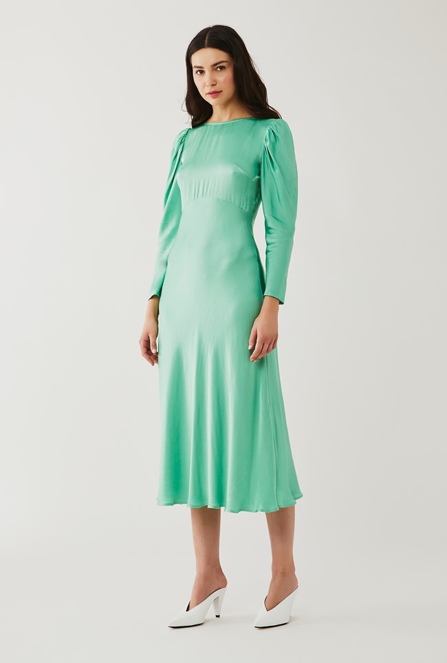 Rosaleen Fresh Green Satin Dress | Ghost London