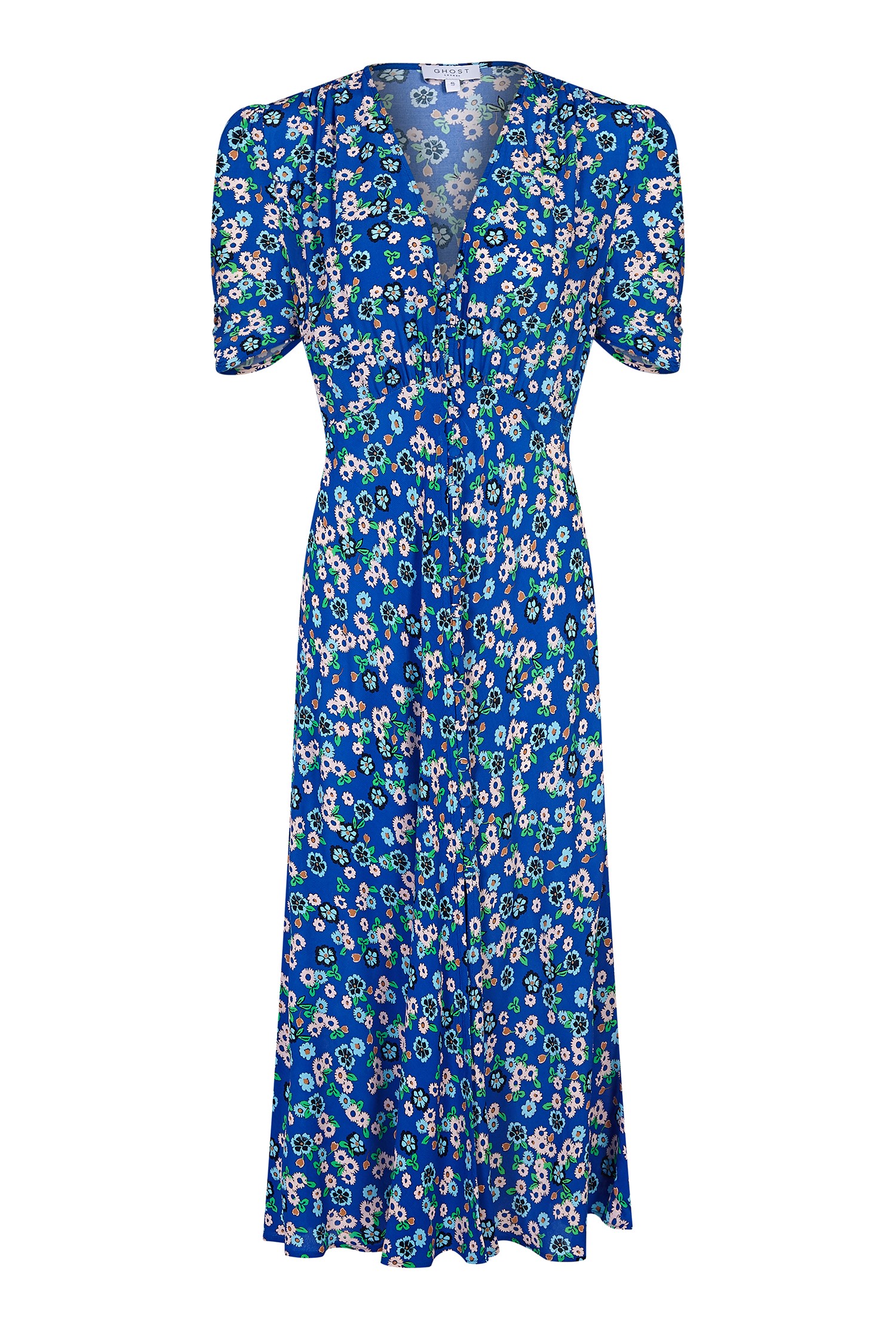 Crepe Midi Dress with Short Sleeves in Blue Print | Ghost London