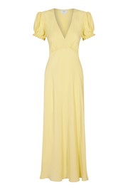 Poet Yellow Midi Dress with Short Sleeves | Ghost London