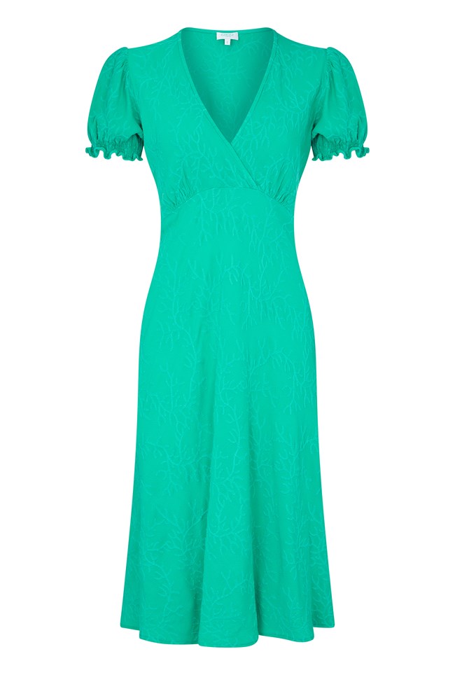 Jemima Knee Length VNeck Dress with Short Sleeves, Green Ghost London
