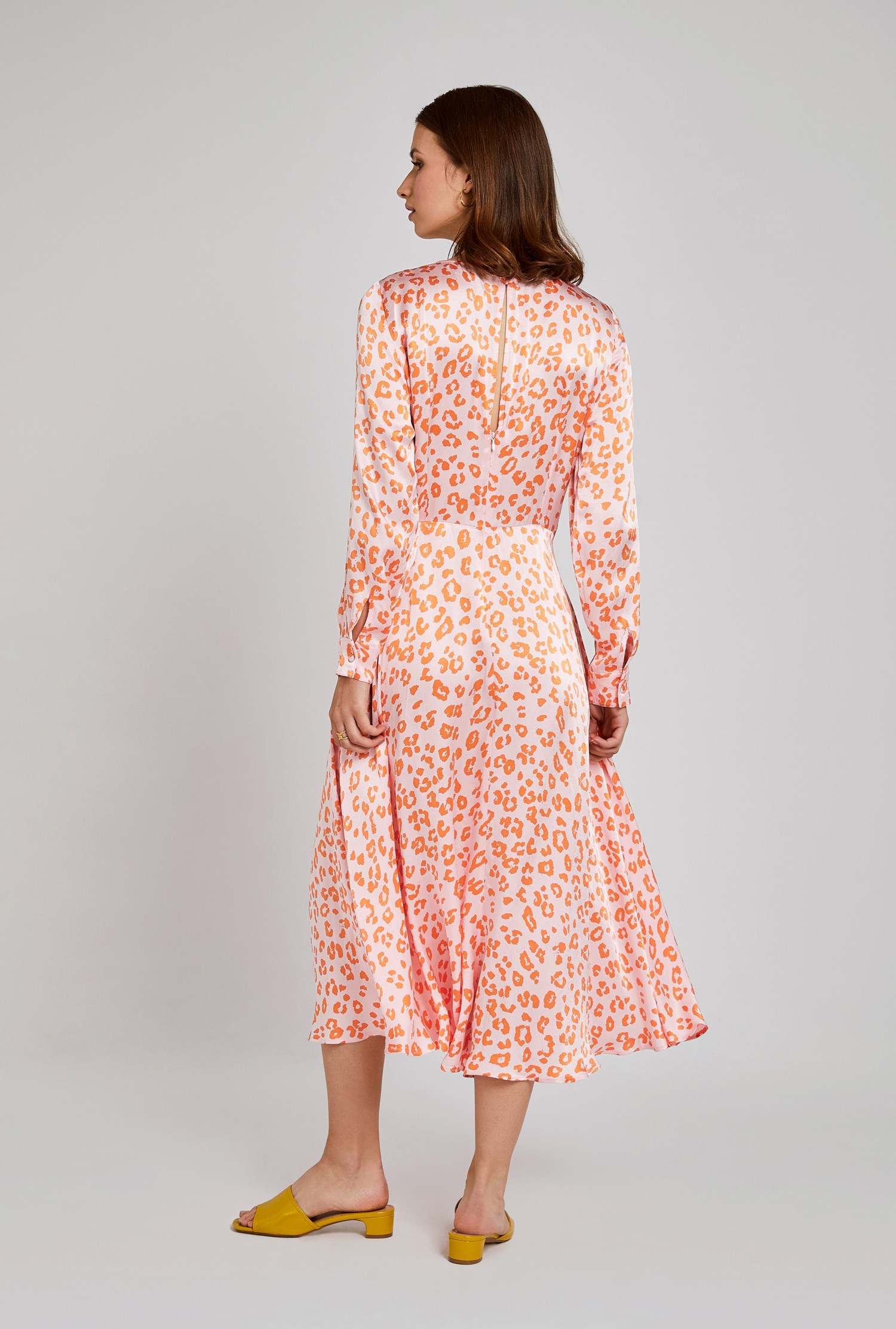 Mindy Satin Midi Dress with Orange Cheetah Print | Ghost London