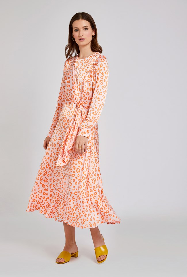 Mindy Satin Midi Dress with Orange Cheetah Print | Ghost London