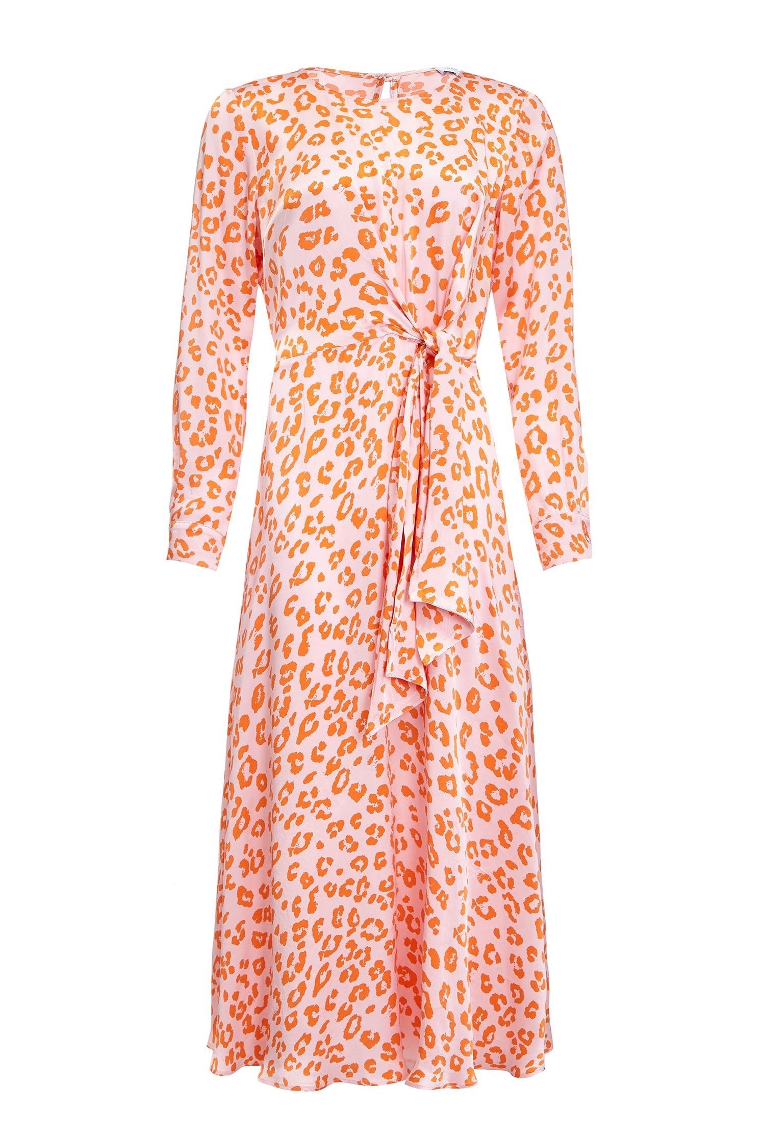 Mindy Satin Midi Dress with Orange Cheetah Print | Ghost London