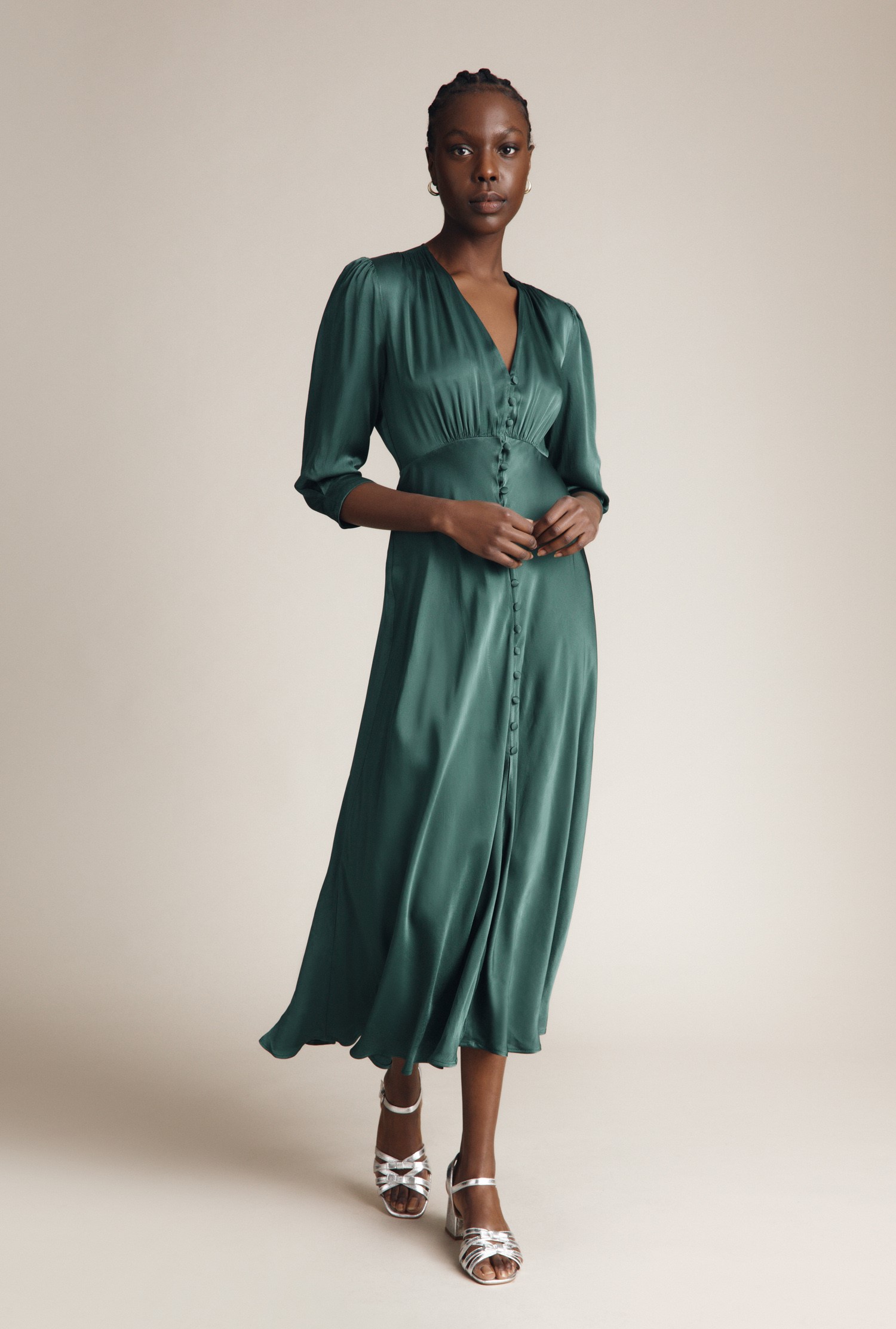 Madison Green Satin Midi Dress | Ghost.co.uk