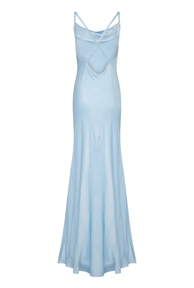 Jules Long Blue Satin Dress with Cowl Neckline | Ghost London