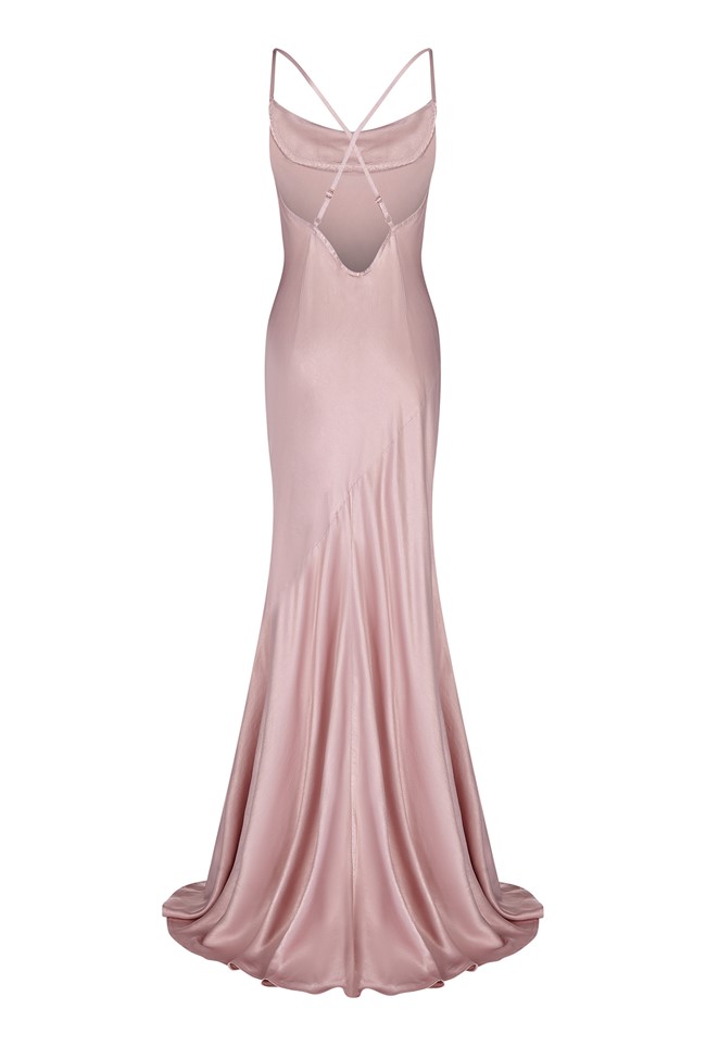Jules Long Pink Satin Dress with Cowl Neckline | Ghost London