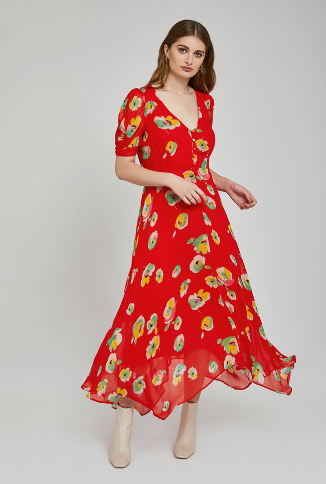 Marielle Floral Print Tea Dress, Red | Ghost London