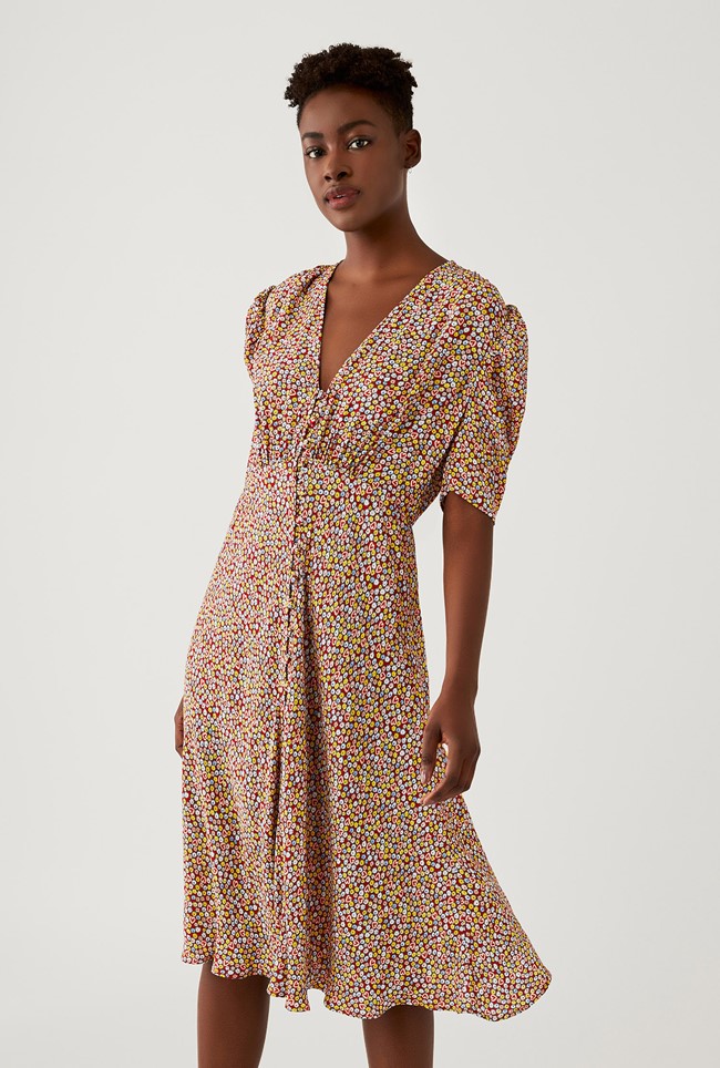Crepe Midi Dress with Short Sleeves in Brown Print | Ghost London