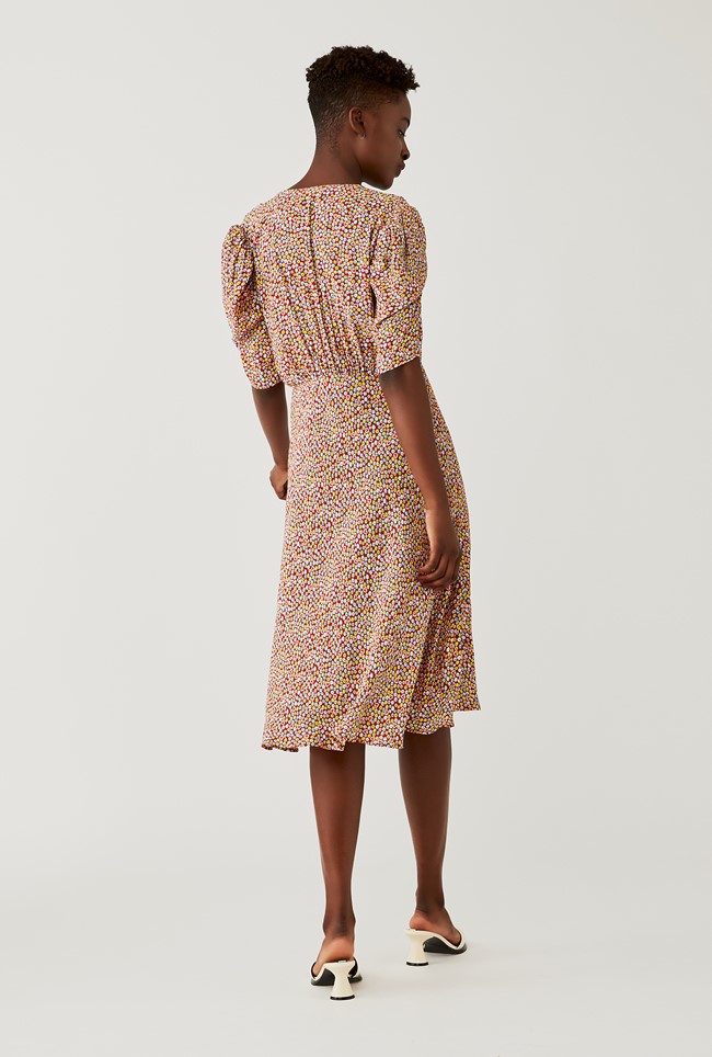 Crepe Midi Dress with Short Sleeves in Brown Print | Ghost London