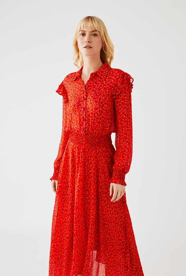Georgette Midi Dress with Long Sleeves in Red Print | Ghost London