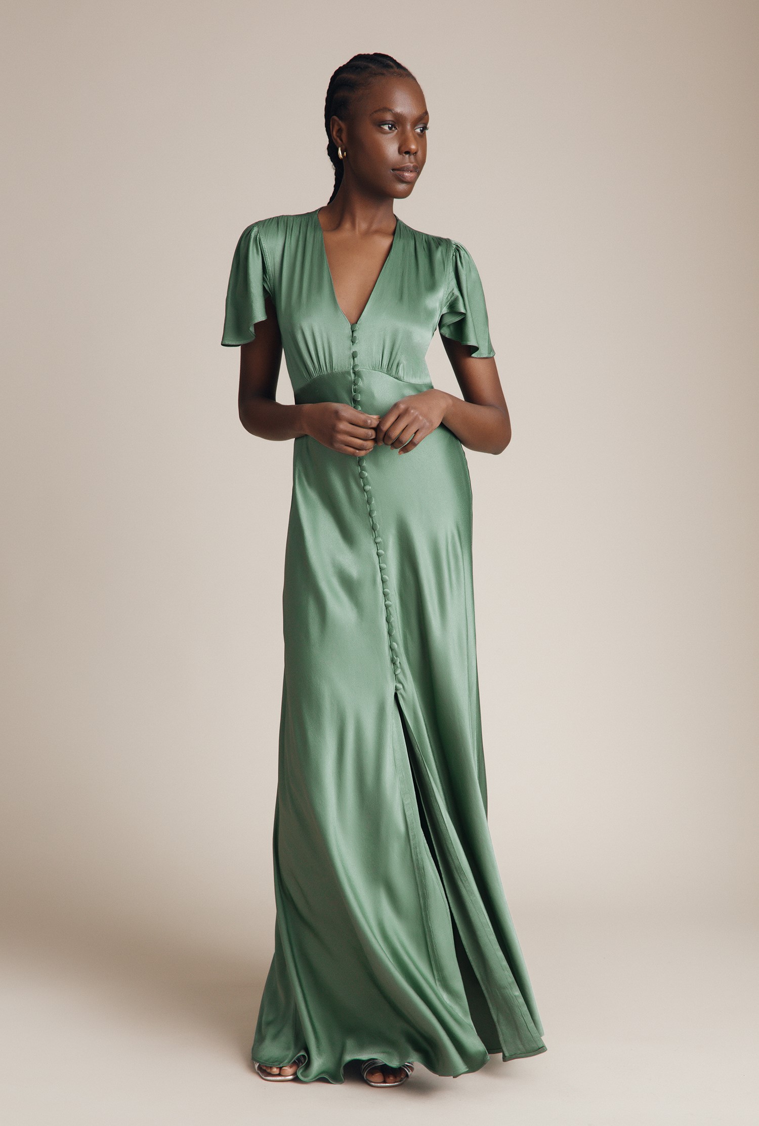 Pleated Bodice Spaghetti Strap Green Dress