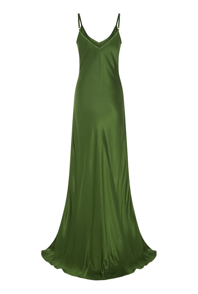 Long Satin Maxi Dress With Sleeveless Sleeves In Green With Adjustable ...