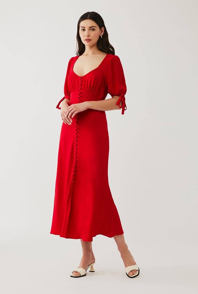 Satin Midi Dress with Short Sleeves in Red | Ghost London