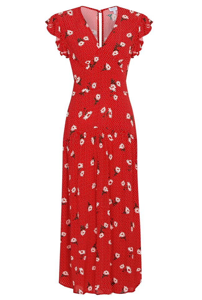 Crepe Midi Dress with Short Sleeves in Red Print | Ghost London