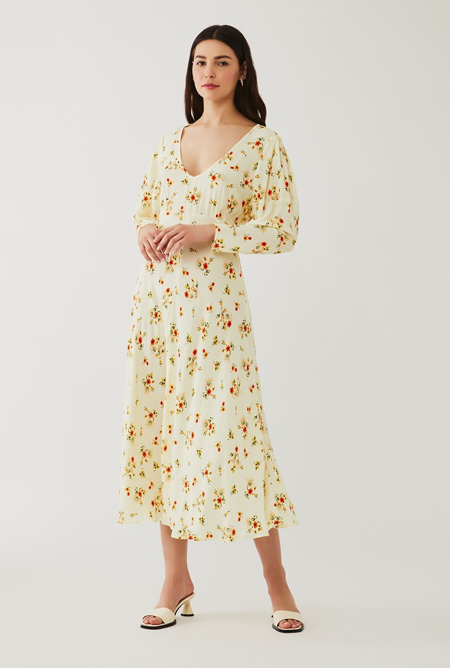 Crepe Midi Dress with Long Sleeves in Cream Print | Ghost London
