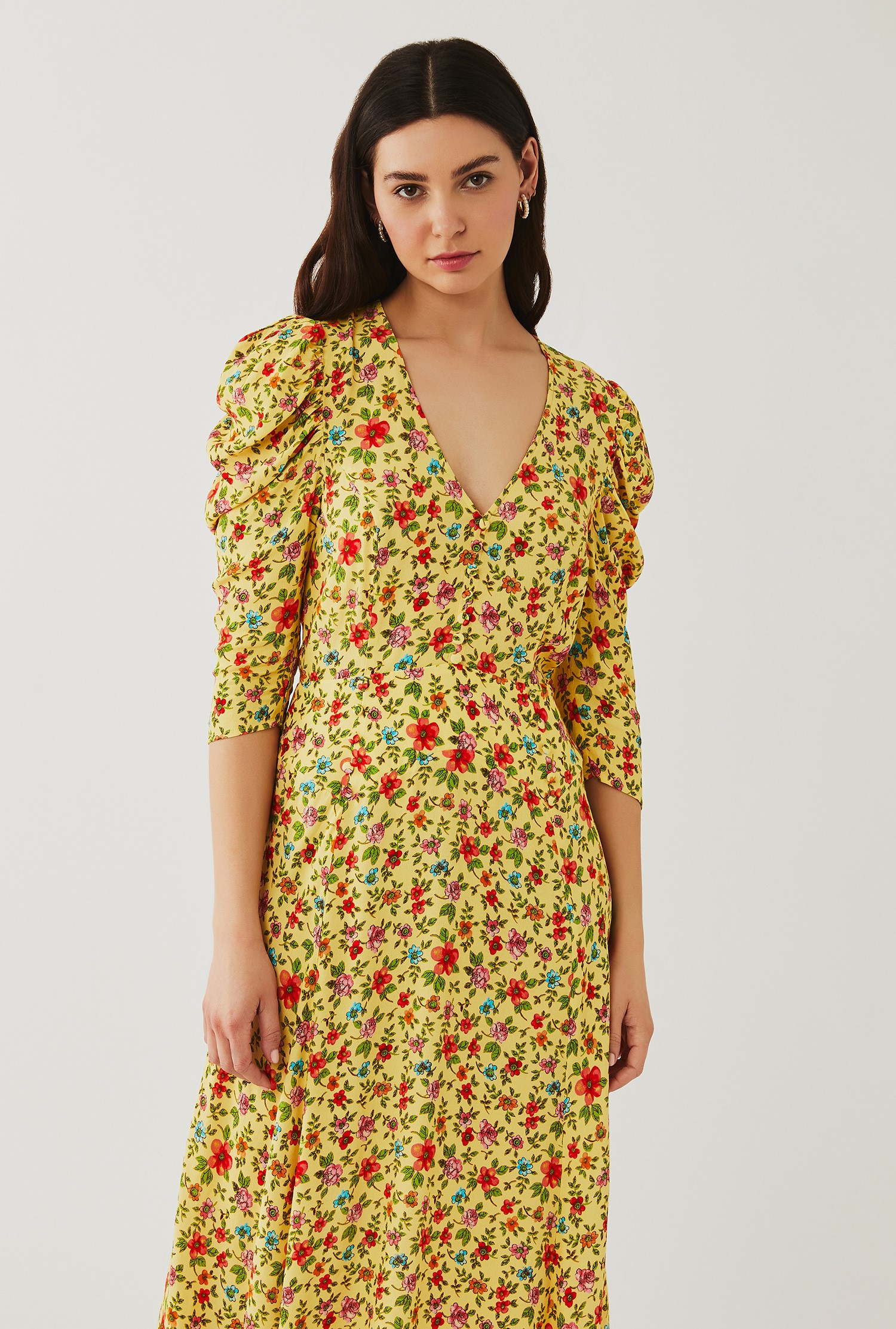 Crepe Midi Dress with 3/4 Sleeves in Yellow Print | Ghost London