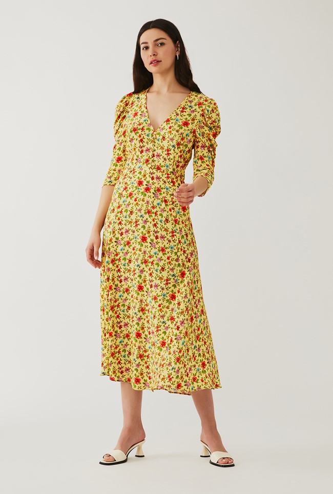 Crepe Midi Dress with 3/4 Sleeves in Yellow Print | Ghost London
