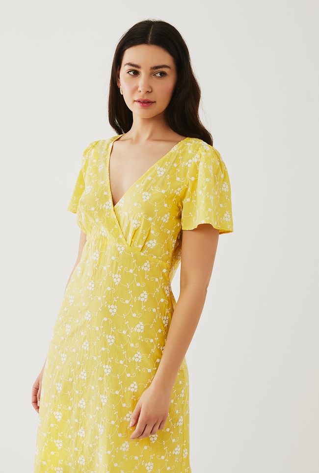 Cotton Midi Dress with Short Sleeves in Yellow Print | Ghost London