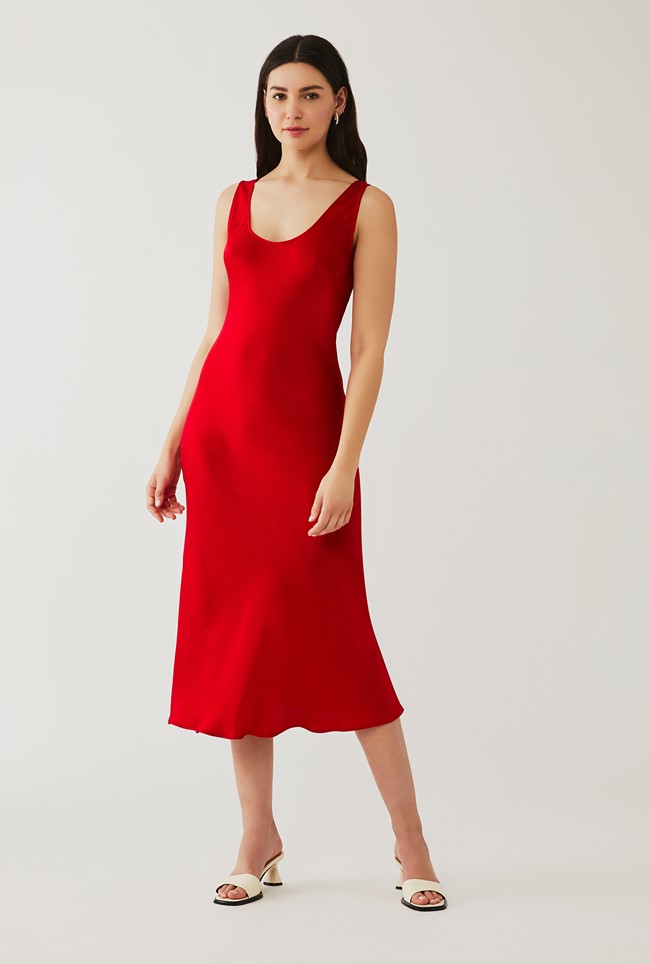 Satin Midi Sleeveless Dress in Red | Ghost London