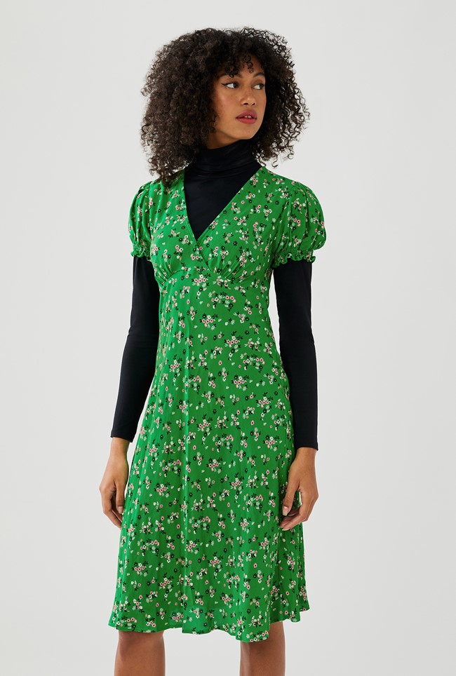 Crepe Knee Length Dress with Short Sleeves in Green | Ghost London
