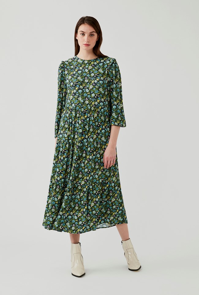 Midi Crepe Dress With Long Sleeves In Blue And Green With A High ...