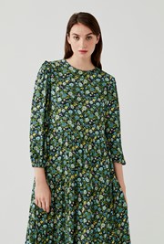 Midi Crepe Dress With Long Sleeves In Blue And Green With A High ...