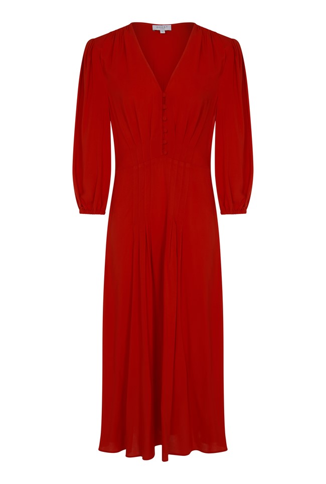 Midi Viscose Dress With Long Sleeves In Red With An Empire Line Shape ...