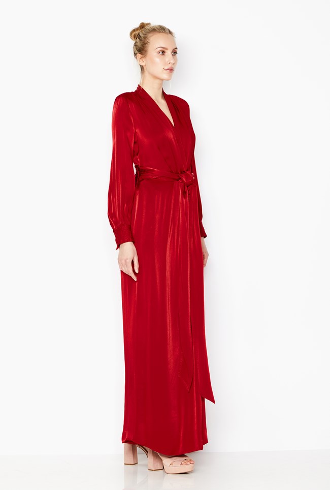 Becky Red Satin Maxi Dress with Long 