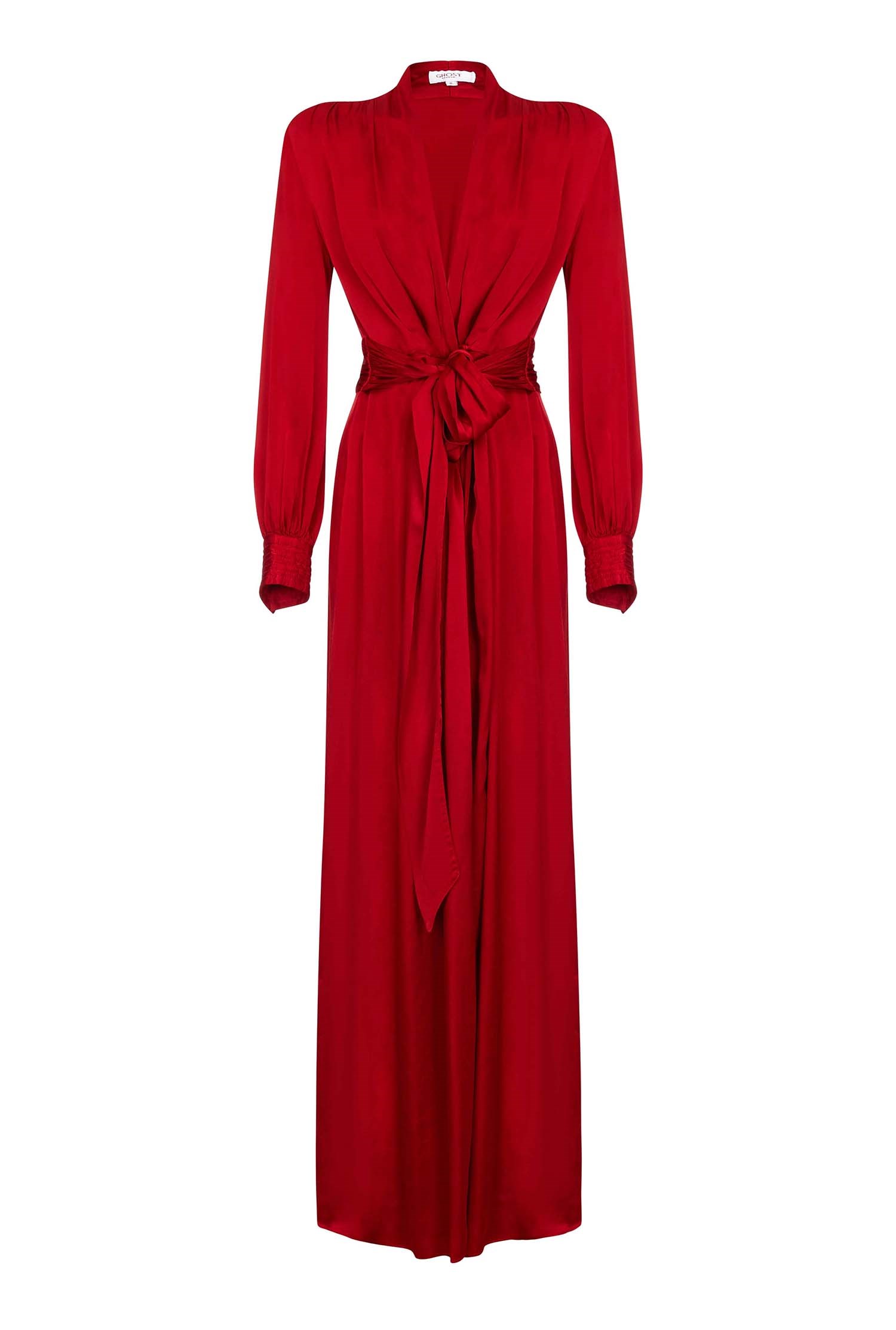 Becky Red Satin Maxi Dress with Long Sleeves | Ghost London