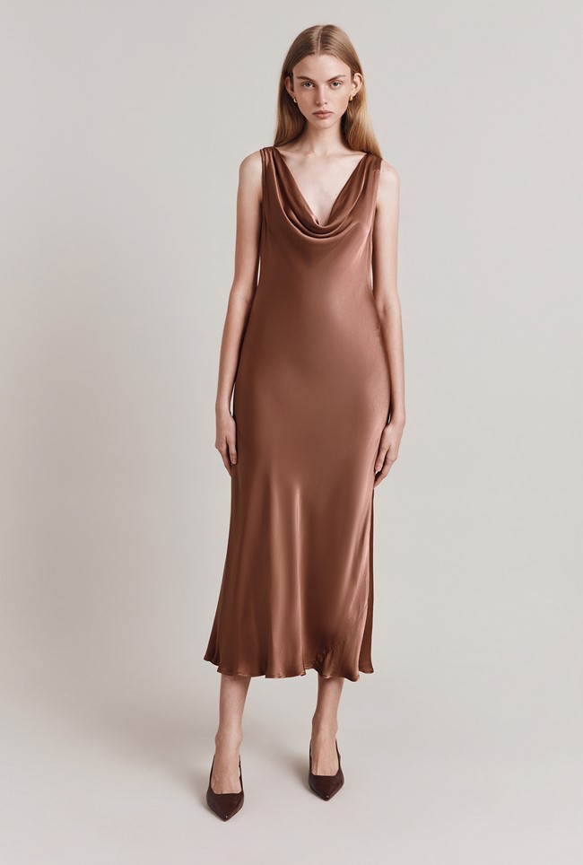Olive Satin Midi Dress