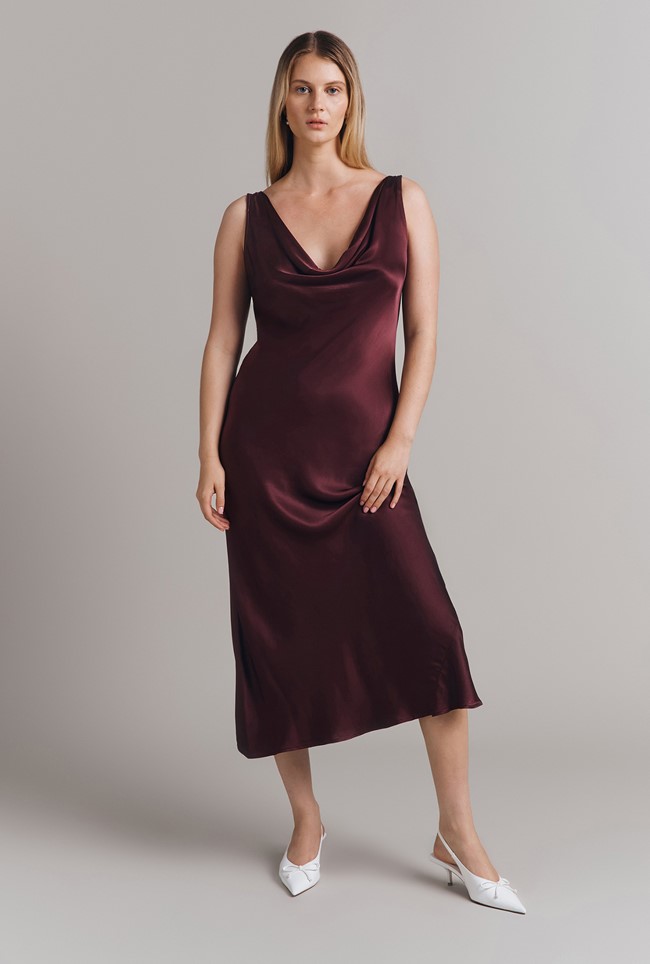 Olive Satin Midi Dress