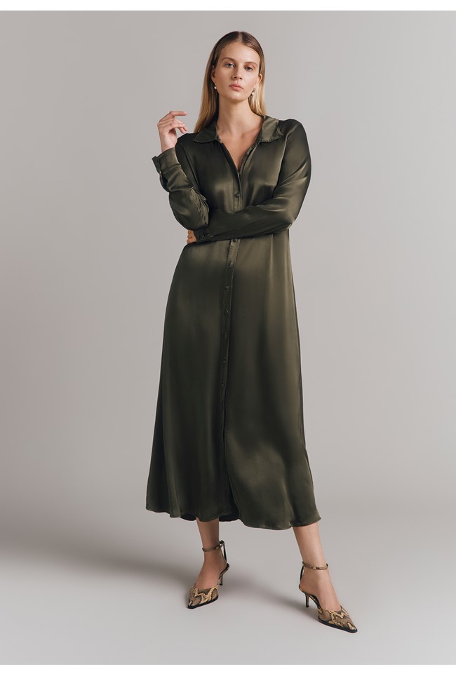 Thea Satin Maxi Shirt Dress