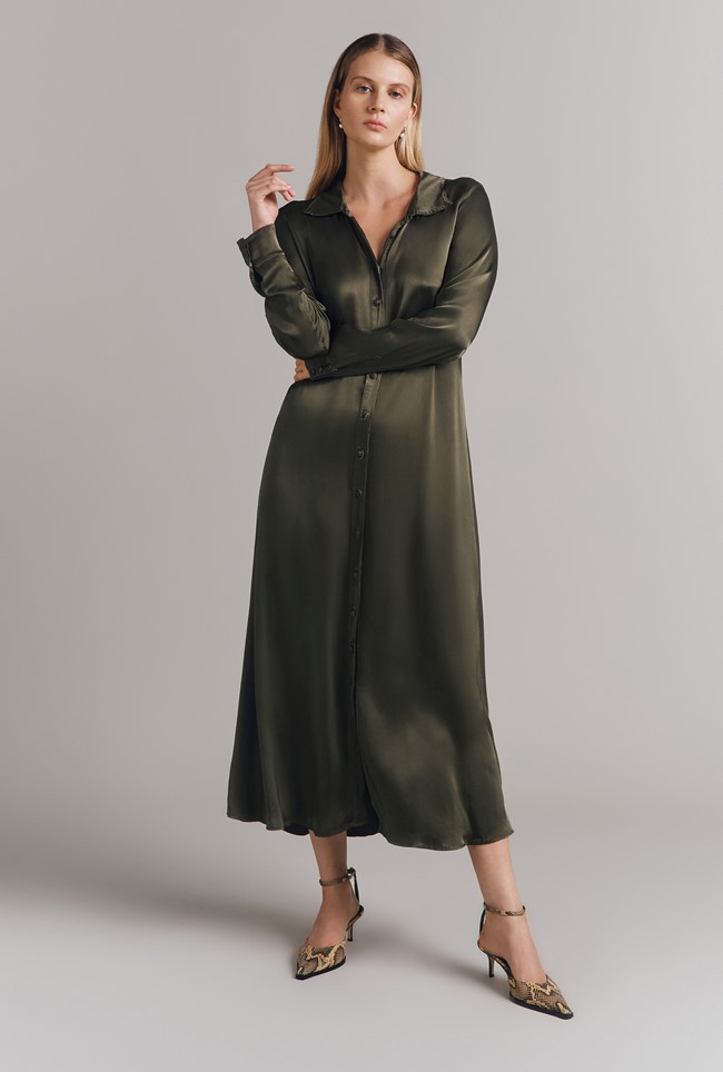 Thea Satin Maxi Shirt Dress