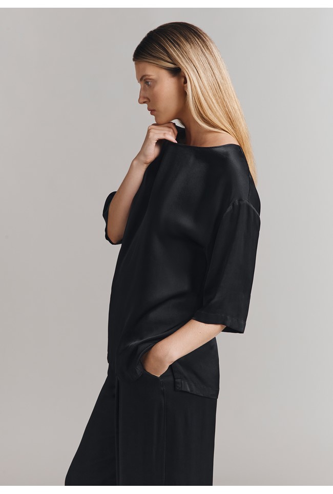 Cairo Satin Black Short Sleeve Top