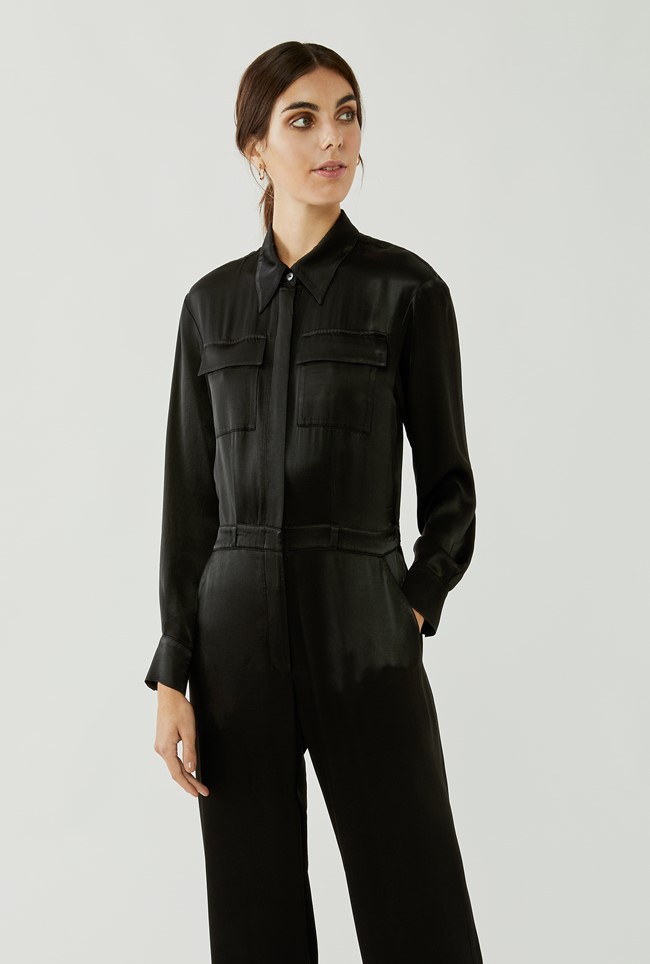 Crepe/Georgette Long Jumpsuit With Long Sleeves In Black With Shirt ...