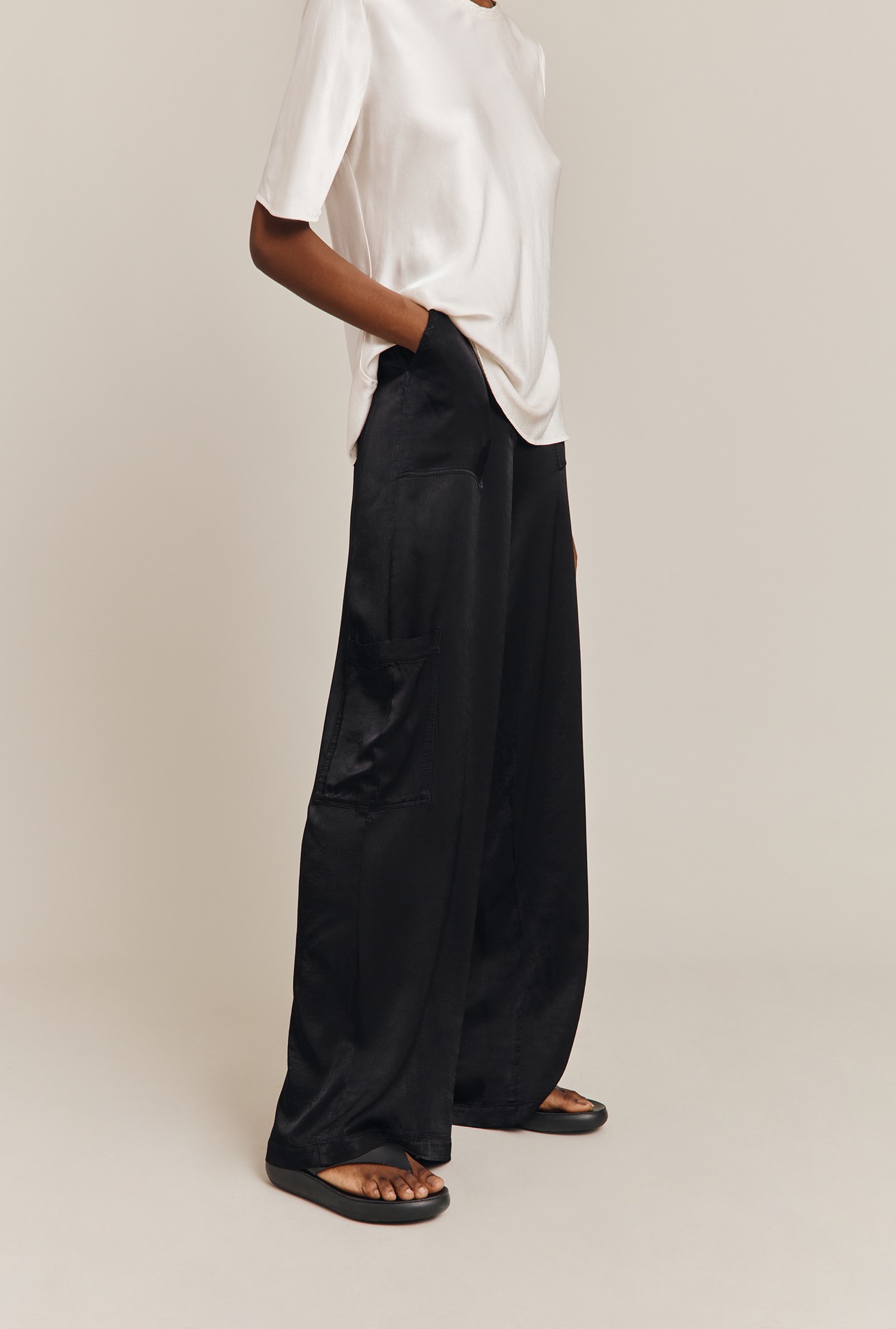 High Waisted Satin Cargo Trousers  Black  Manière De Voir USA