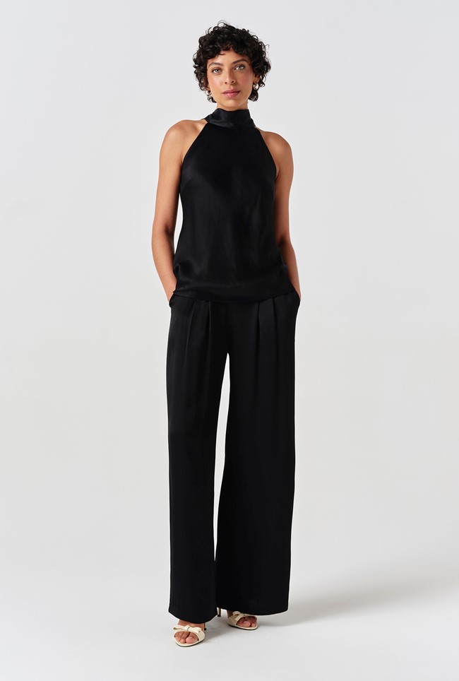 Andie Pleated Wide Leg Satin Trousers