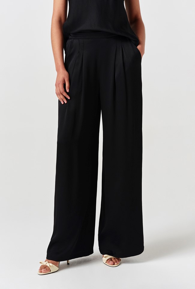 Andie Pleated Wide Leg Satin Trousers