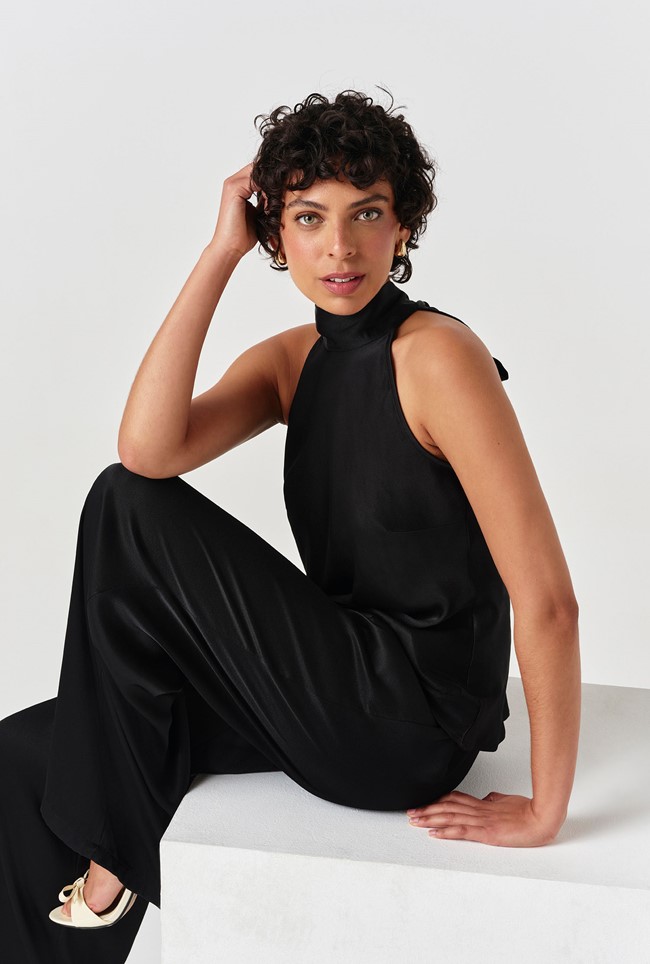 Andie Pleated Wide Leg Satin Trousers
