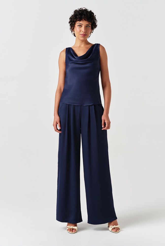 Andie Pleated Wide Leg Satin Trousers