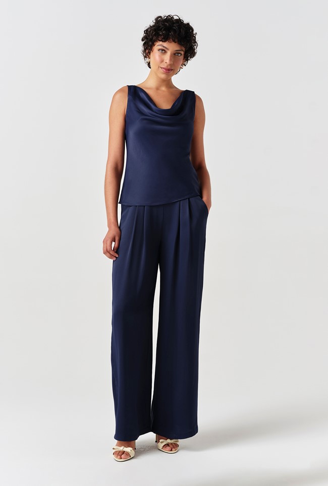 Andie Pleated Wide Leg Satin Trousers