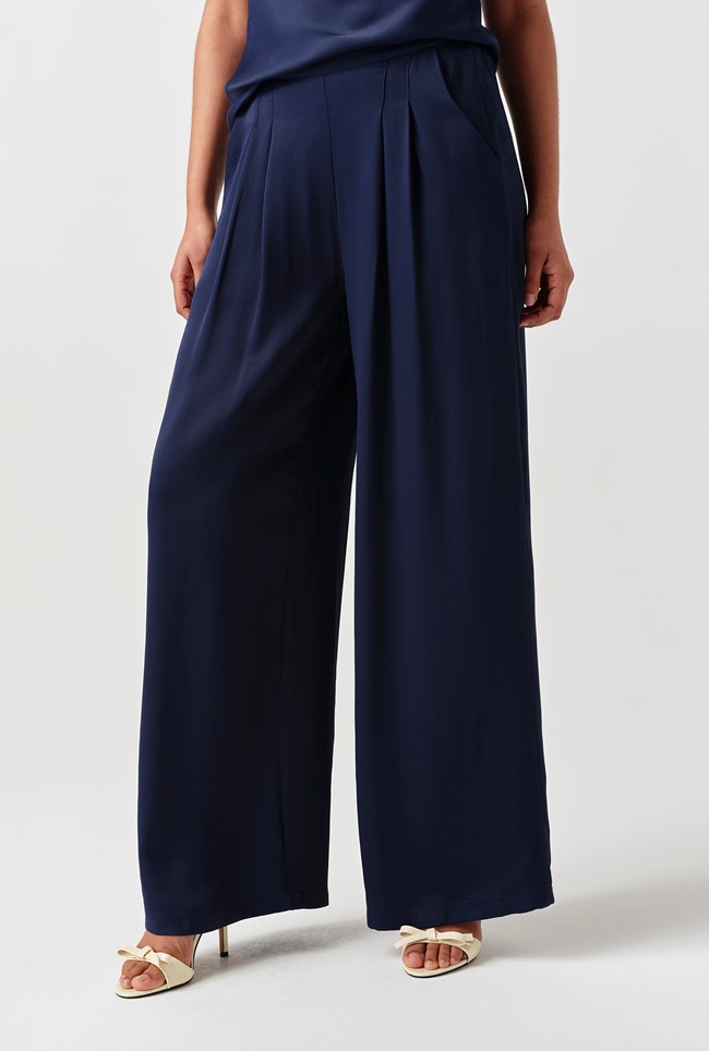 Andie Pleated Wide Leg Satin Trousers