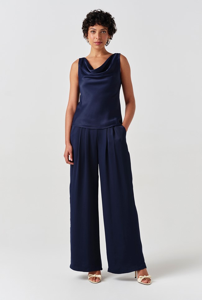 Andie Pleated Wide Leg Satin Trousers