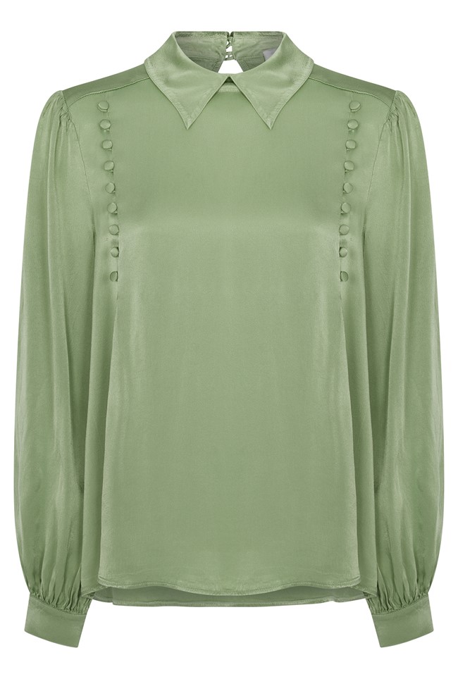 Satin Relaxed Fit Blouse with Gathered Cuffs and Covered Buttons in ...