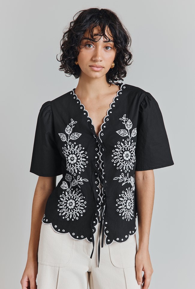 Corinne Cotton Embroidered Border Blouse