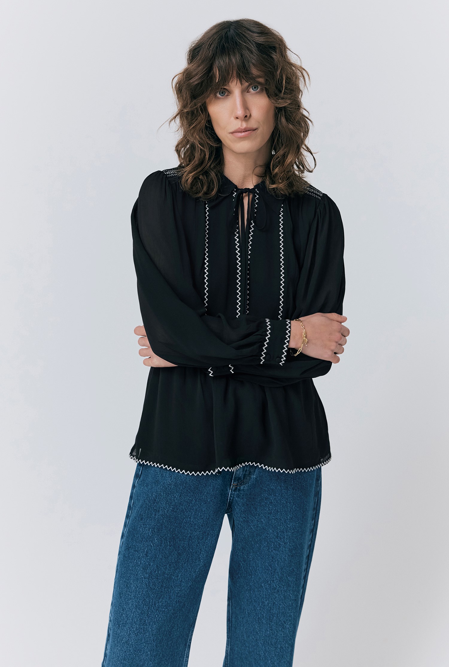 Isabella Black Georgette Embroidered Blouse | Ghost London