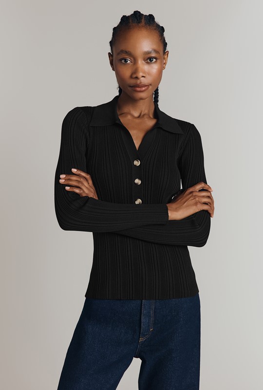 Jean Ribbed Knit Polo Top